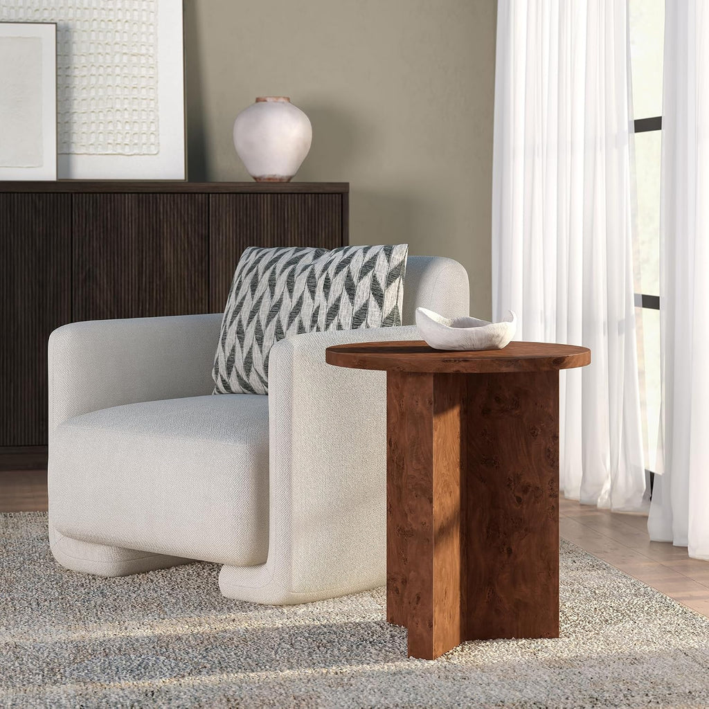Henn&Hart 20' Scandinavian Round Wooden End Table, Side Table, Nightstand with X-Base for Living Room, Office, Family Room, or Bedroom, Chestnut Burl