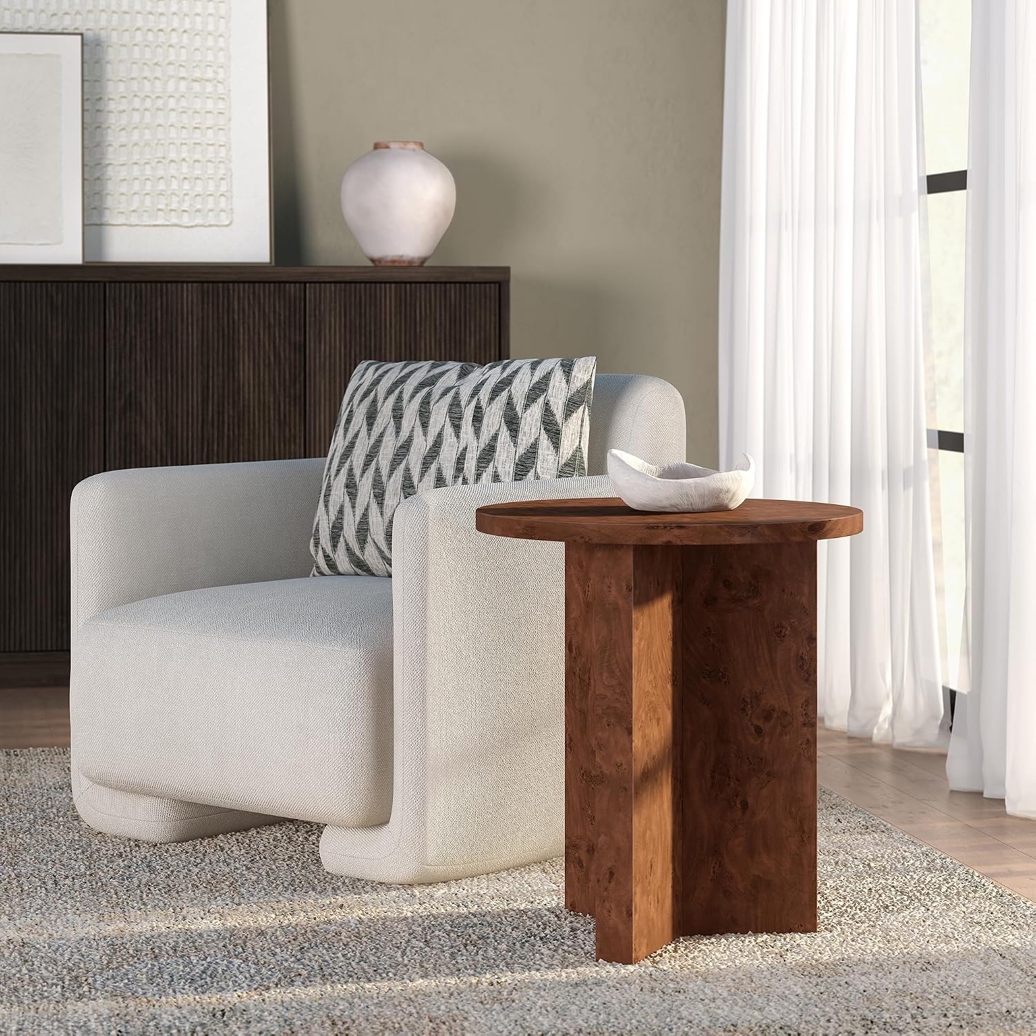 Henn&Hart 20' Scandinavian Round Wooden End Table, Side Table, Nightstand with X-Base for Living Room, Office, Family Room, or Bedroom, Chestnut Burl