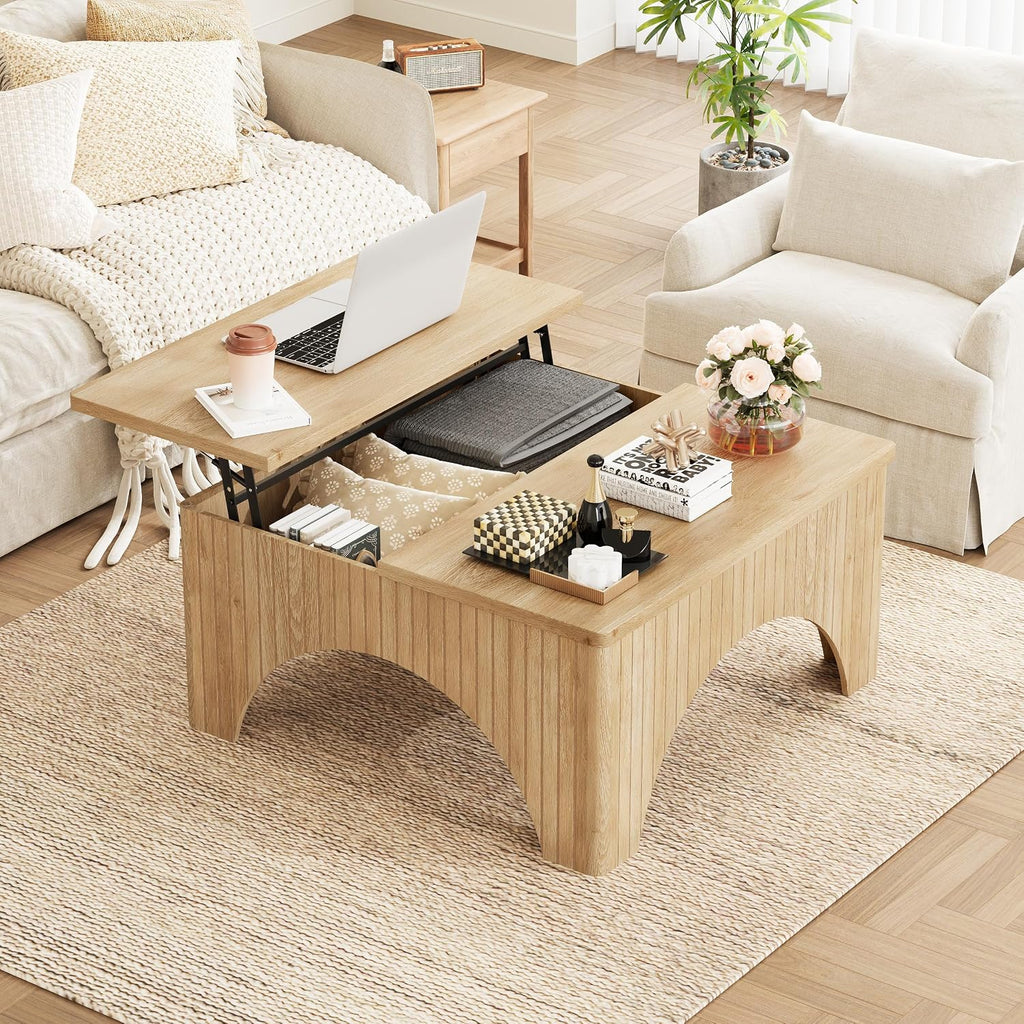 Square Coffee Table, 39'' Large Lift Top Coffee Table with Flip-Top Hidden Compartment Farmhouse Fluted Center Table Wooden Tea Table for Living Room, Apartment, Office (Natural)