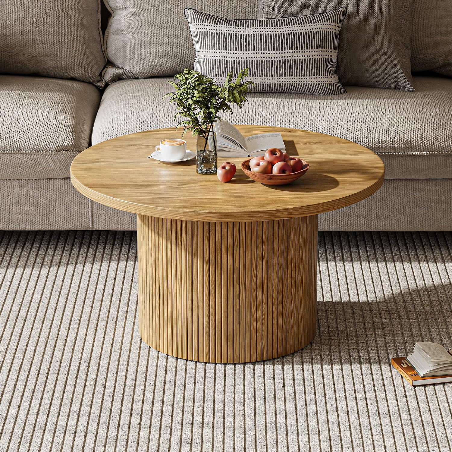 MAISONARIA Round Coffee Table with Metal Frame, 35.4' Coffee Tables for Living Room, Circle Wood Accent Center Table for Apartment, Oak