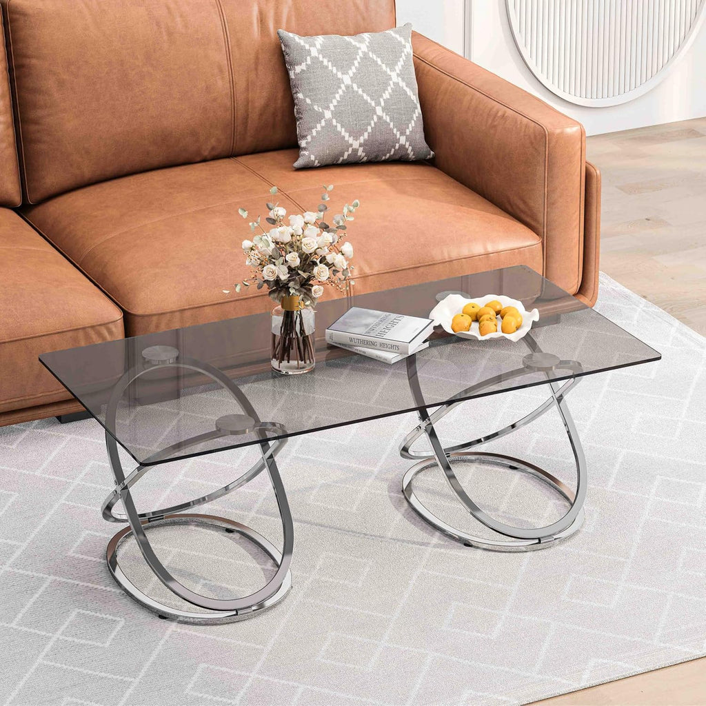 47' Rectangle Coffee Table with Tempered Glass Tabletop, Modern Chrome Ring Base, Gray, Luxury Living Room Center Table
