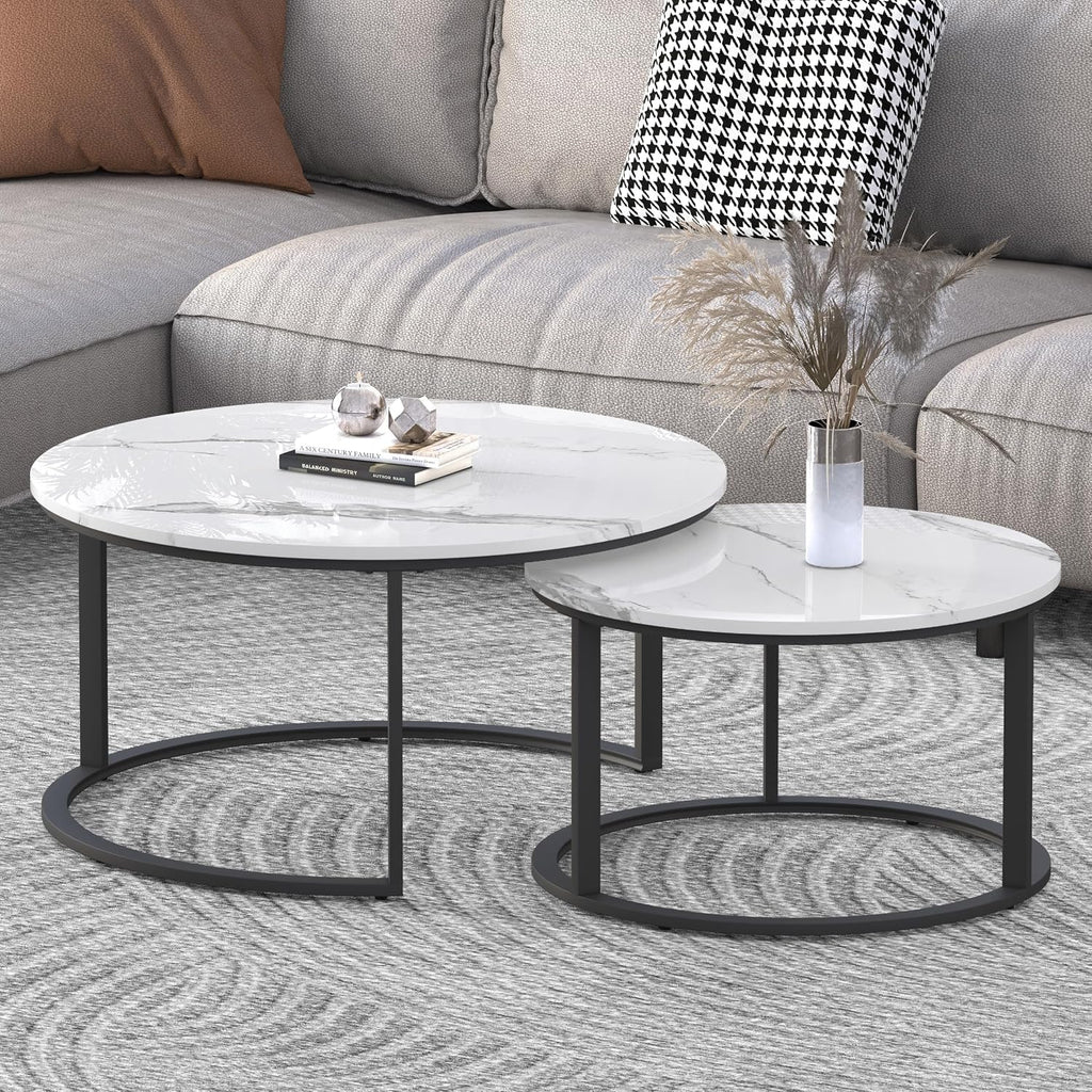 WiberWi Round Coffee Table Nesting Tables Set of 2, Large : Ø 33.5', Small : Ø 25.7', Modern Design Coffee Tables for Living Room, Metal Frame Circle Cocktail Table, High Glossy Faux White Marble