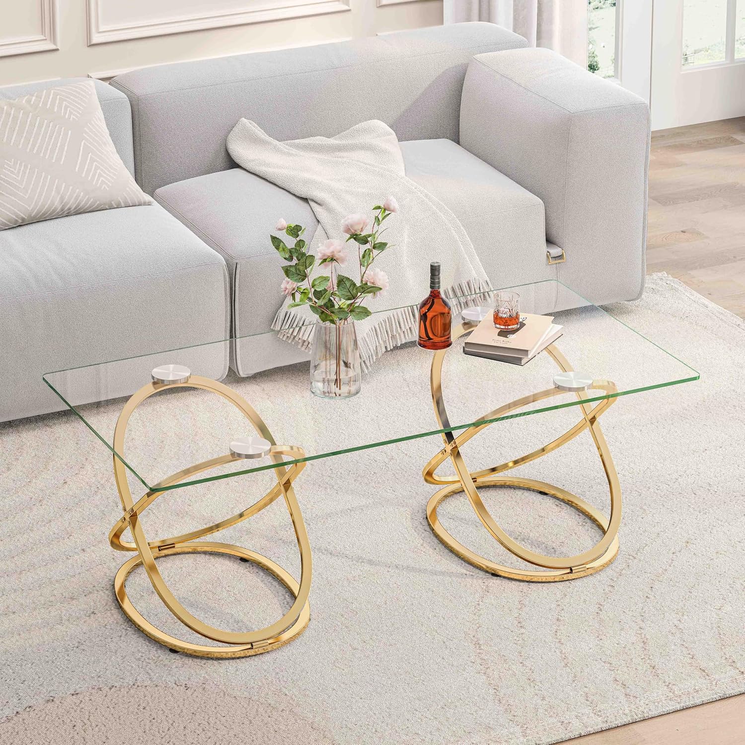 47' Rectangle Coffee Table with Tempered Glass Tabletop, Modern Gold Ring Base, Luxury Living Room Center Table
