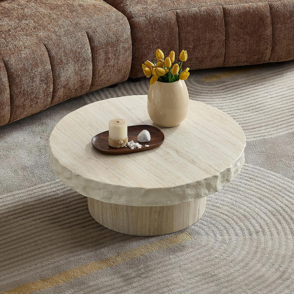 31.69' Round Coffee Table with Round Pedestal, Fiberglass Faux Marble Tabletop for Living Room, Modern Circle Center Table Tea Table for Apartment, Office, Beige Mars Pattern