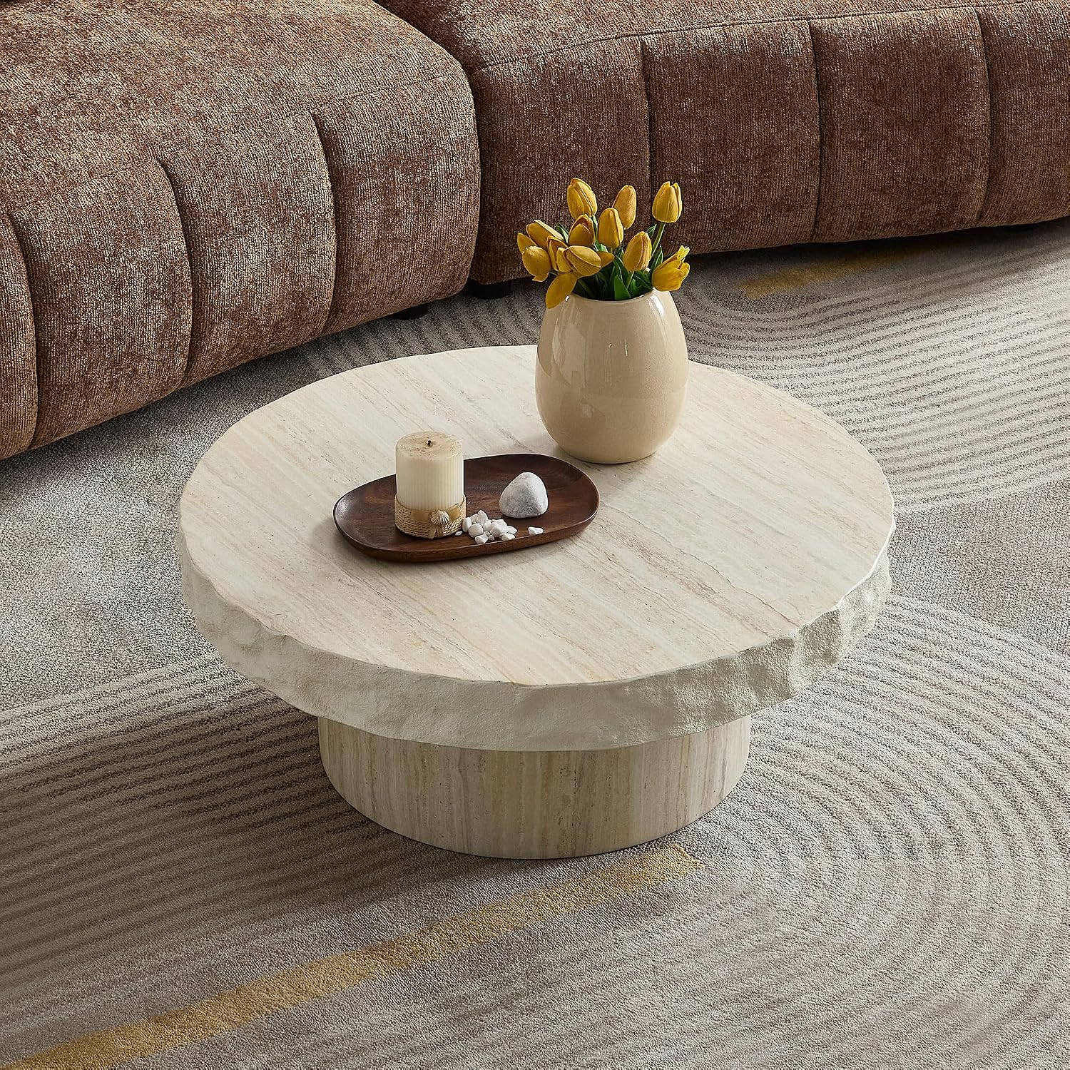 31.69' Round Coffee Table with Round Pedestal, Fiberglass Faux Marble Tabletop for Living Room, Modern Circle Center Table Tea Table for Apartment, Office, Beige Mars Pattern