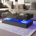 HOMFAMILIA LED Coffee Table with 2 Storage Drawers, Modern High Gloss Black Coffee Table w/20 Colors LED Lights, 2 Tiers Rectangle Center Table for Living Room with Marbling Print, APP Control, Black