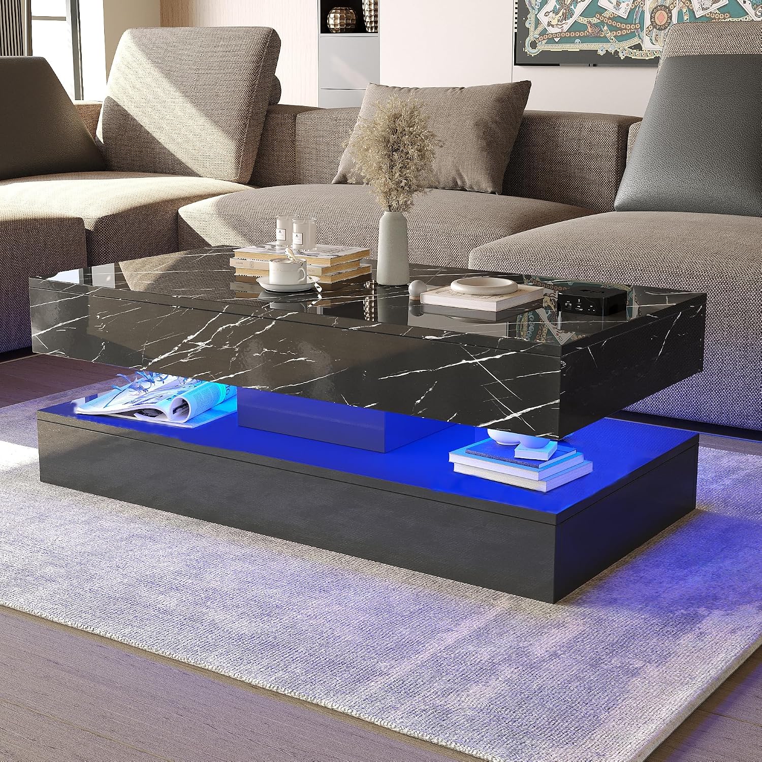 HOMFAMILIA LED Coffee Table with 2 Storage Drawers, Modern High Gloss Black Coffee Table w/20 Colors LED Lights, 2 Tiers Rectangle Center Table for Living Room with Marbling Print, APP Control, Black
