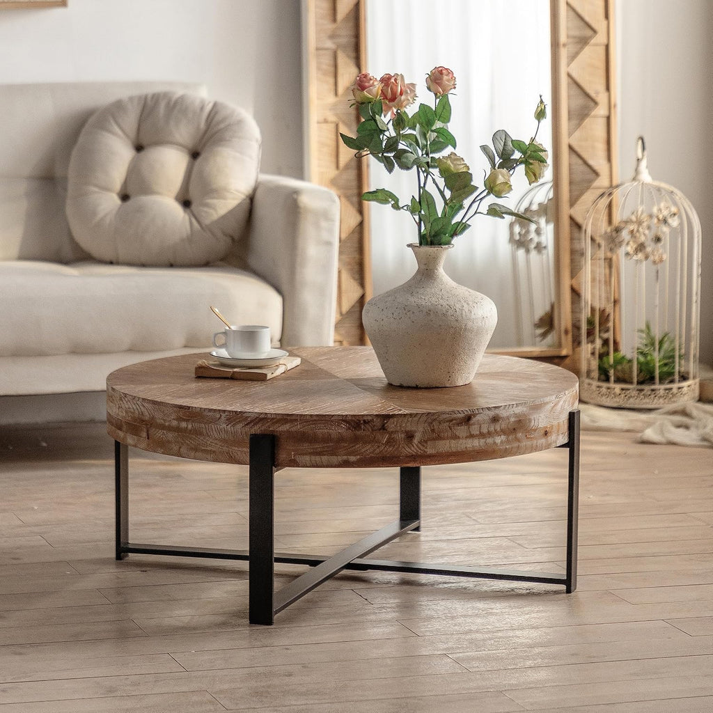 Wood Round Coffee Table, 31 Inch Farmhouse Rustic Fir Wooden Table Top Cross Metal Legs Circle Coffee Table for Living Room, Black