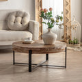 Wood Round Coffee Table, 31 Inch Farmhouse Rustic Fir Wooden Table Top Cross Metal Legs Circle Coffee Table for Living Room, Black