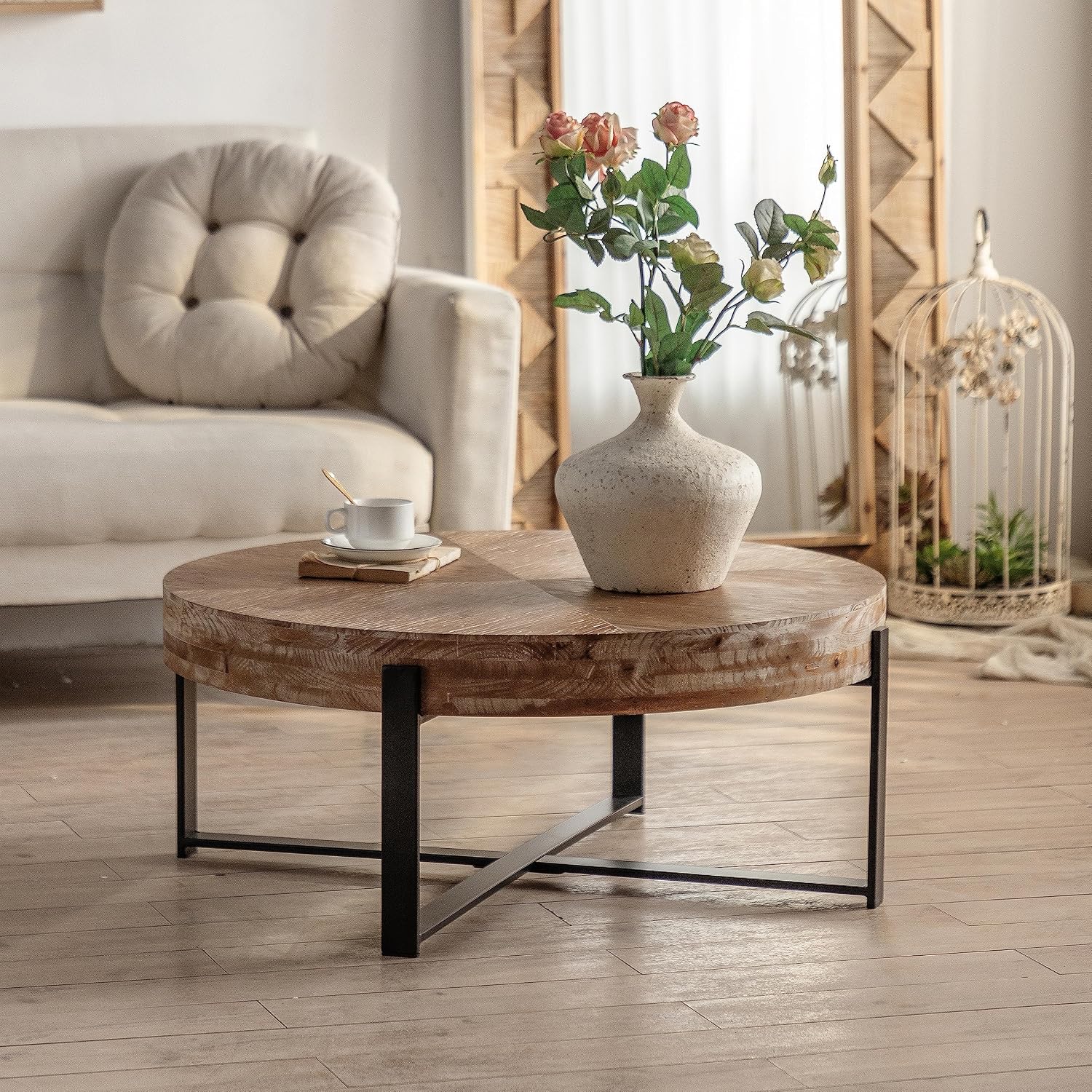 Wood Round Coffee Table, 31 Inch Farmhouse Rustic Fir Wooden Table Top Cross Metal Legs Circle Coffee Table for Living Room, Black