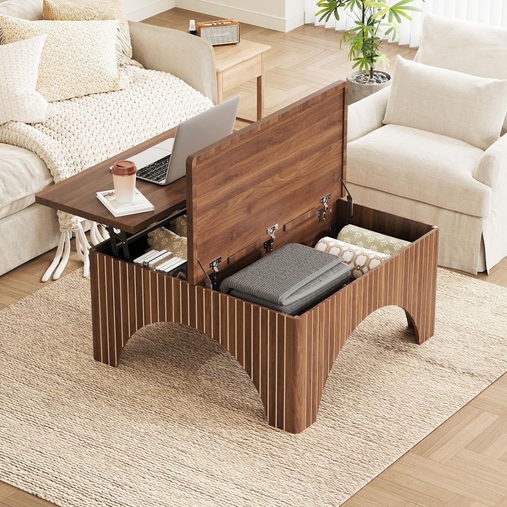 Square Coffee Table, 39'' Large Lift Top Coffee Table with Flip-Top Hidden Compartment Farmhouse Fluted Center Table Wooden Tea Table for Living Room, Apartment, Office (Walnut)