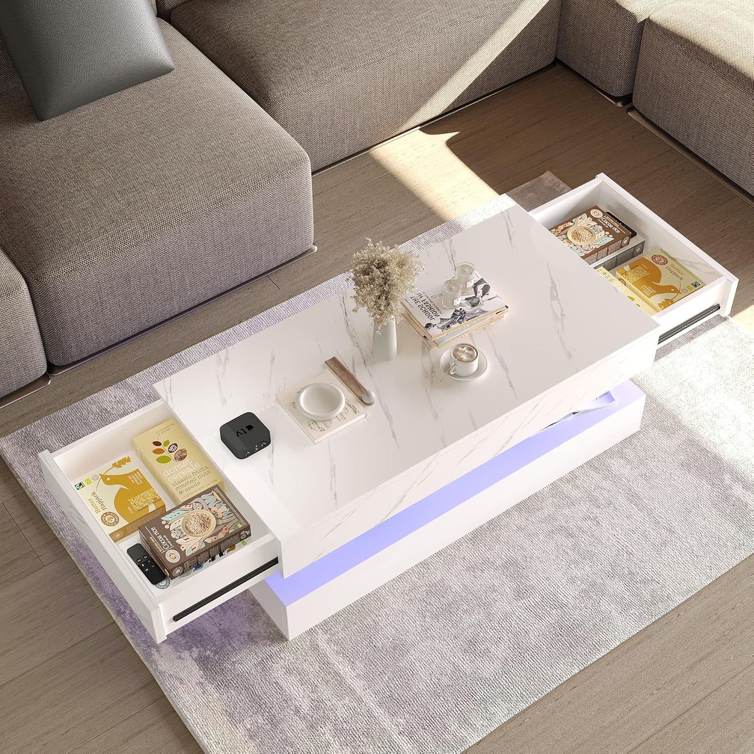 HOMFAMILIA LED Coffee Table with 2 Storage Drawers, Modern High Gloss White Coffee Table w/20 Colors LED Lights, 2 Tiers Rectangle Center Table for Living Room with Marbling Print, APP Control, White