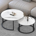 WiberWi Round Coffee Table Nesting Tables Set of 2, Large : Ø 33.5', Small : Ø 25.7', Modern Design Coffee Tables for Living Room, Metal Frame Circle Cocktail Table, High Glossy Faux White Marble