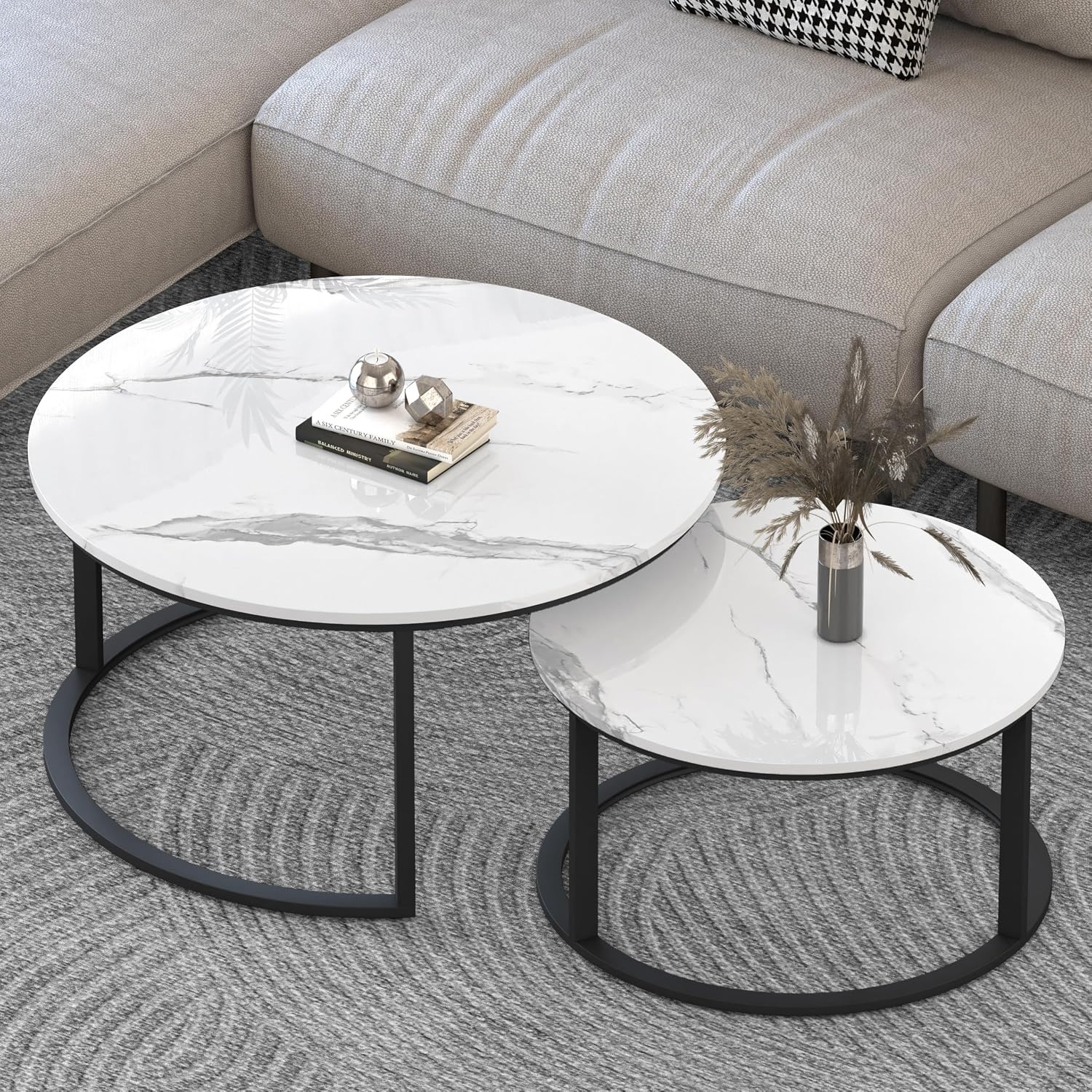 WiberWi Round Coffee Table Nesting Tables Set of 2, Large : Ø 33.5', Small : Ø 25.7', Modern Design Coffee Tables for Living Room, Metal Frame Circle Cocktail Table, High Glossy Faux White Marble
