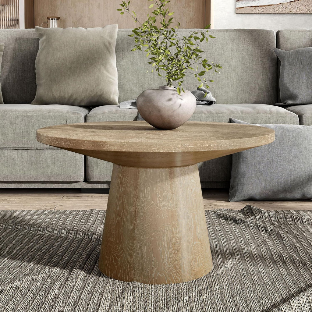 Furniture of America Crambel Modern Solid Wood 29-inch Round Coffee Table with Cone-Shaped Pedestal Base, Living Room Furniture for Small Space, Home Office, Oak