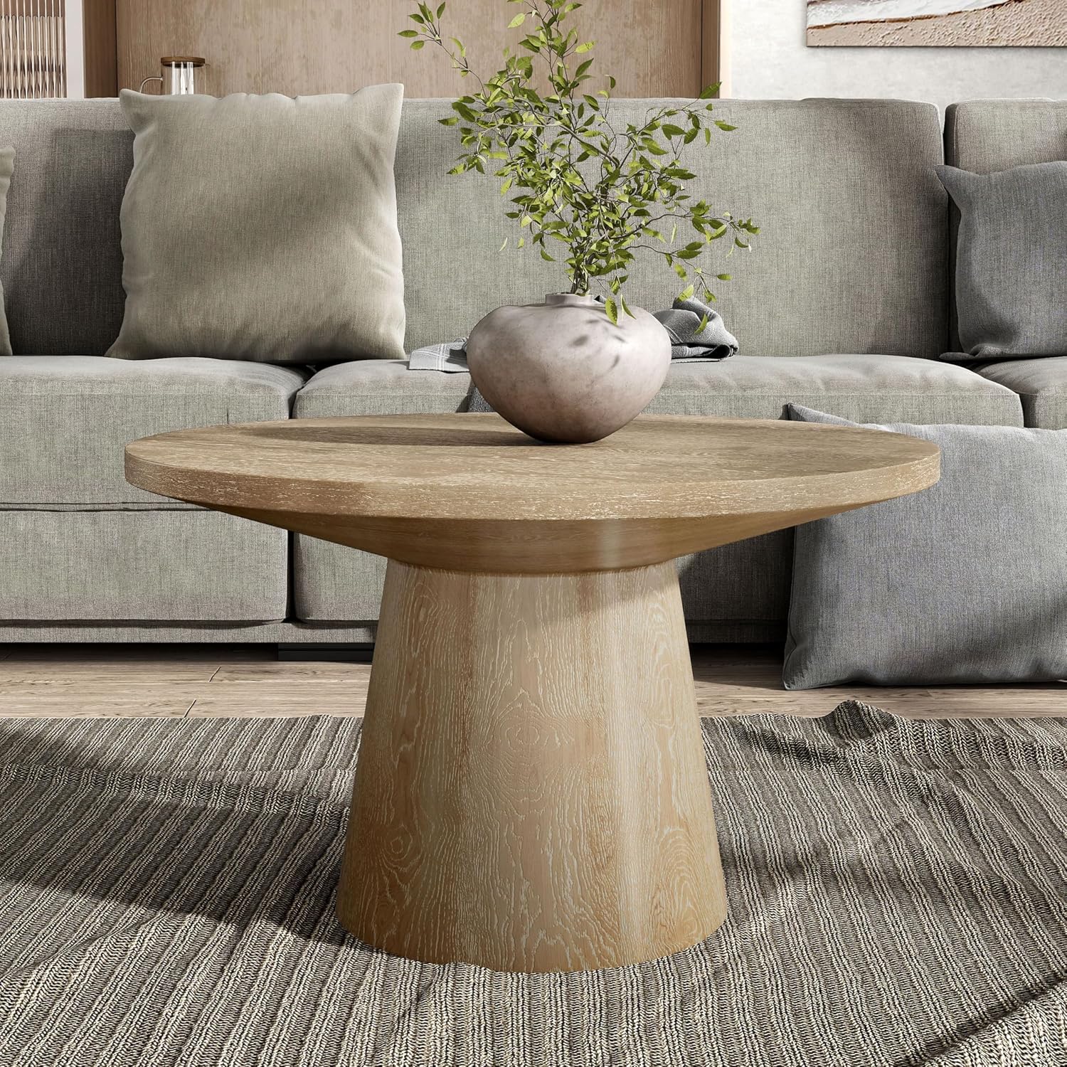 Furniture of America Crambel Modern Solid Wood 29-inch Round Coffee Table with Cone-Shaped Pedestal Base, Living Room Furniture for Small Space, Home Office, Oak