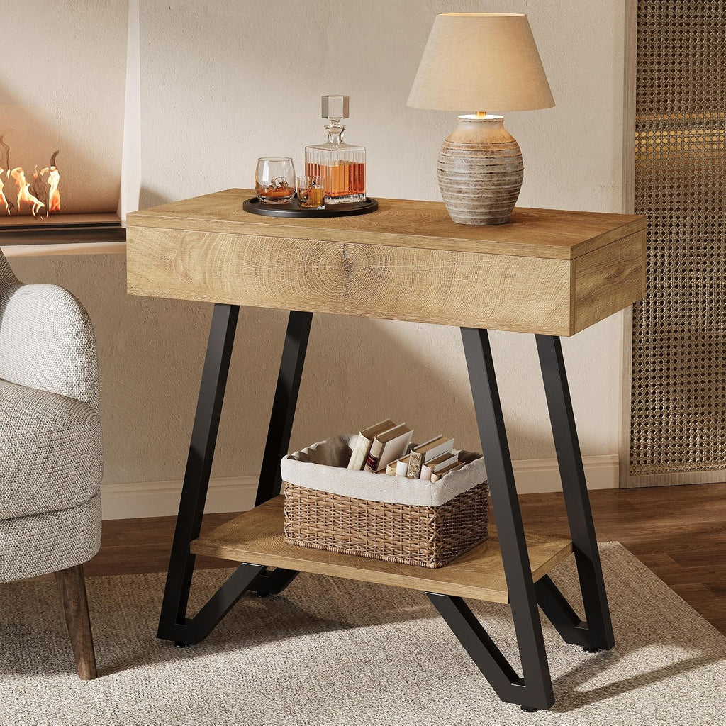 Tribesigns Metal End Side Table for Living Room, 2-Tier Narrow Couch Side Table with Storage Shelves, Small Bedside Nightstand for Bedroom, Small Spaces, Natural(Set of 2)