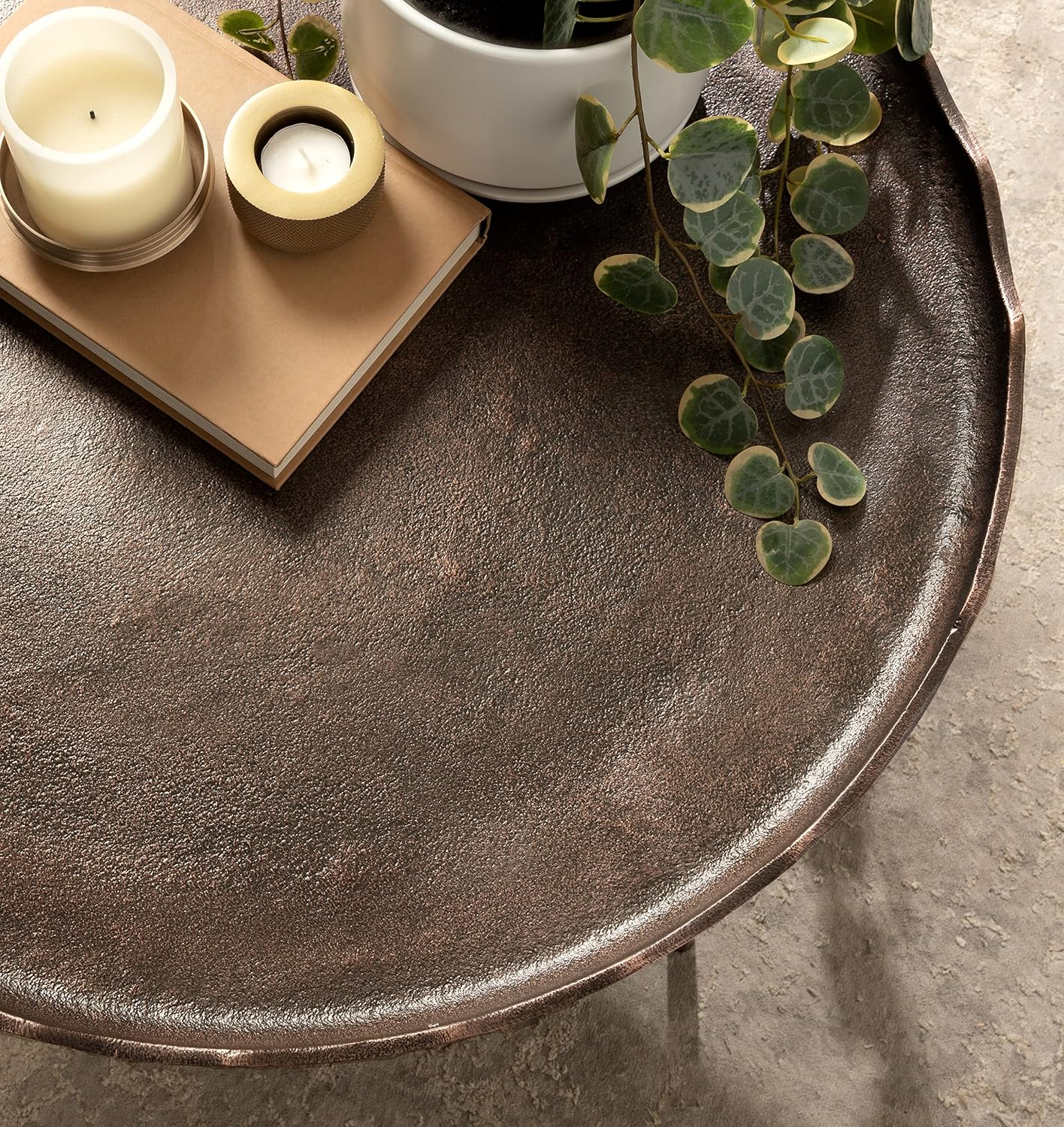 Kate and Laurel Alessia Modern Round Metal Coffee Table; 26 x 26 x 16; Bronze; Sand Cast Aluminum Coffee Table with Raised Deckled Edge for Storage and Display