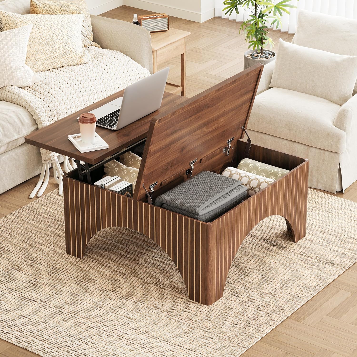 Square Coffee Table, 39'' Large Lift Top Coffee Table with Flip-Top Hidden Compartment Farmhouse Fluted Center Table Wooden Tea Table for Living Room, Apartment, Office (Walnut)