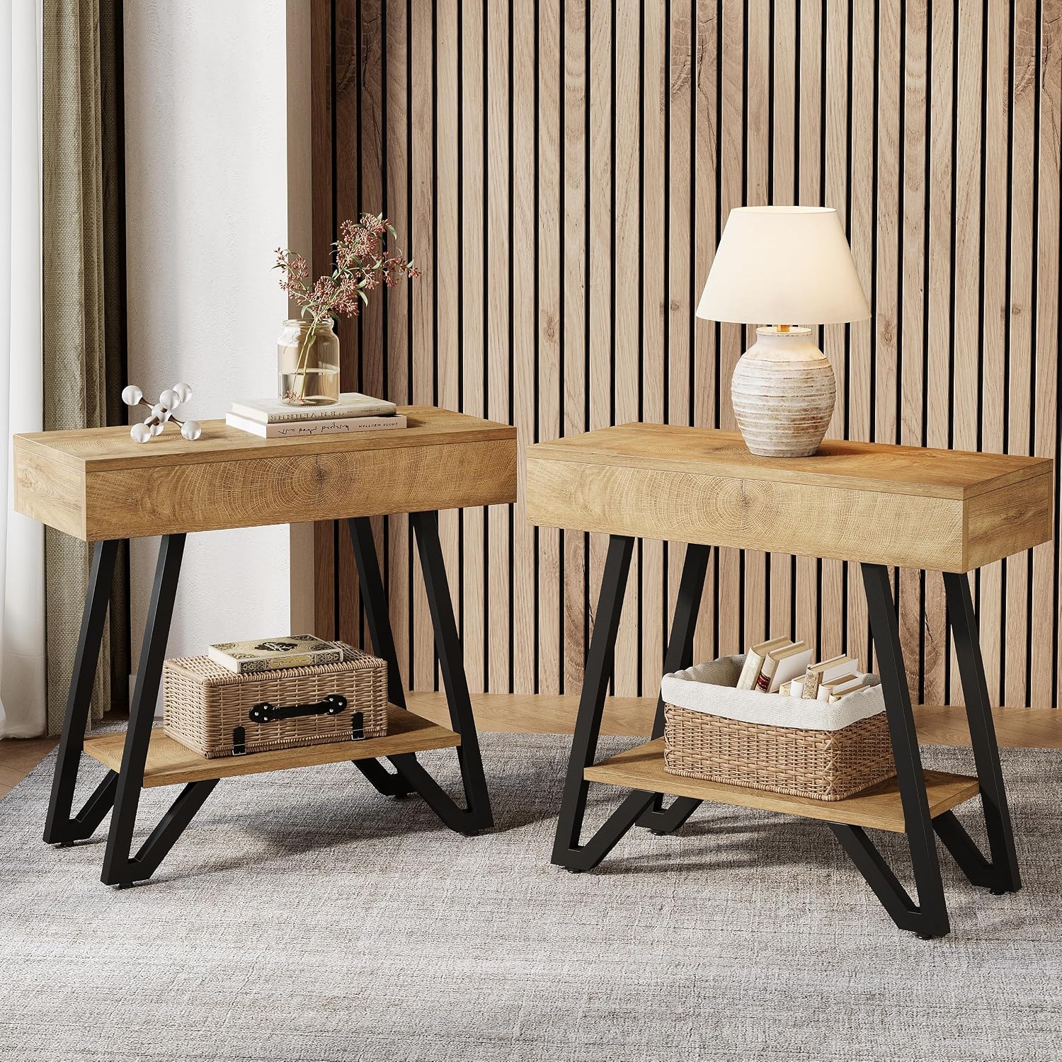 Tribesigns Metal End Side Table for Living Room, 2-Tier Narrow Couch Side Table with Storage Shelves, Small Bedside Nightstand for Bedroom, Small Spaces, Natural(Set of 2)