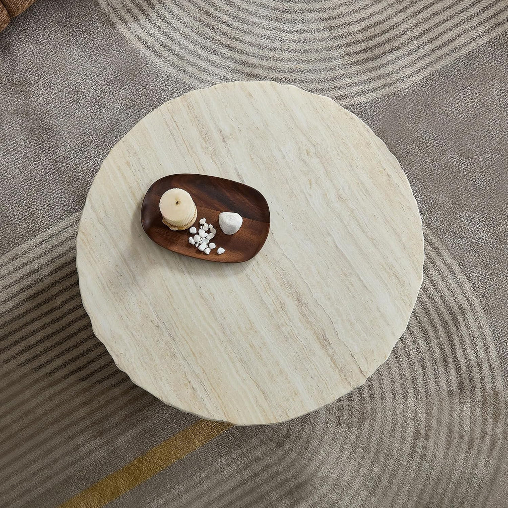 Round Coffee Table, 31.69' Fiberglass Faux Marble Pattern Imitation Stone Table Cement Center Table for Living Room Apartment
