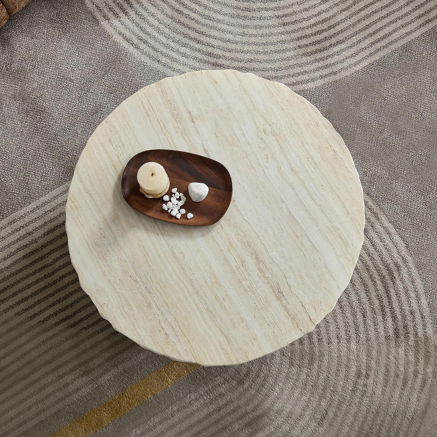 Round Coffee Table, 31.69' Fiberglass Faux Marble Pattern Imitation Stone Table Cement Center Table for Living Room Apartment