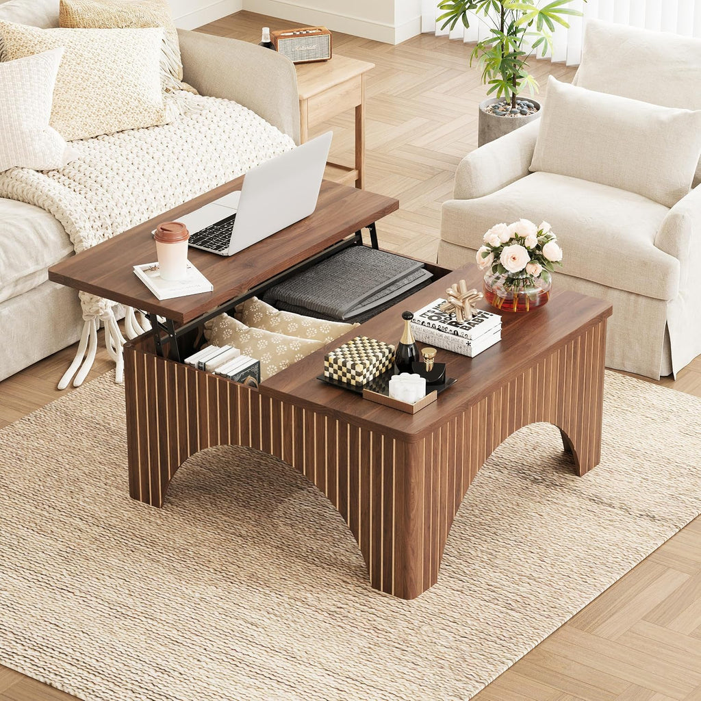 Square Coffee Table, 39'' Large Lift Top Coffee Table with Flip-Top Hidden Compartment Farmhouse Fluted Center Table Wooden Tea Table for Living Room, Apartment, Office (Walnut)