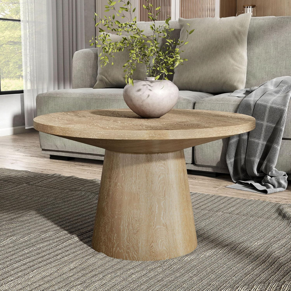 Furniture of America Crambel Modern Solid Wood 29-inch Round Coffee Table with Cone-Shaped Pedestal Base, Living Room Furniture for Small Space, Home Office, Oak