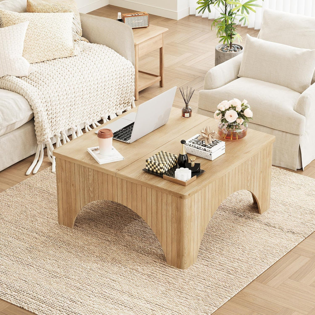 Square Coffee Table, 39'' Large Lift Top Coffee Table with Flip-Top Hidden Compartment Farmhouse Fluted Center Table Wooden Tea Table for Living Room, Apartment, Office (Natural)