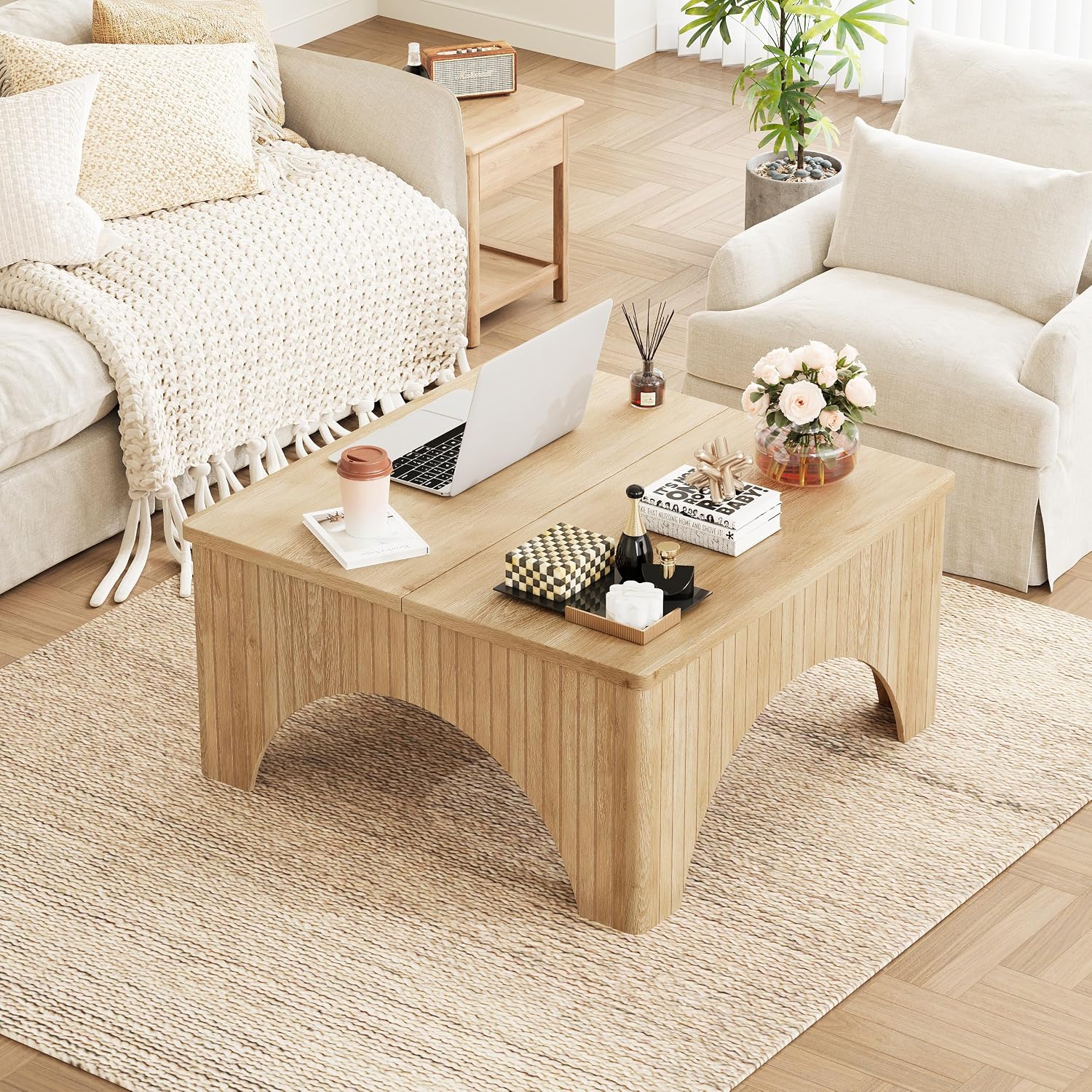 Square Coffee Table, 39'' Large Lift Top Coffee Table with Flip-Top Hidden Compartment Farmhouse Fluted Center Table Wooden Tea Table for Living Room, Apartment, Office (Natural)