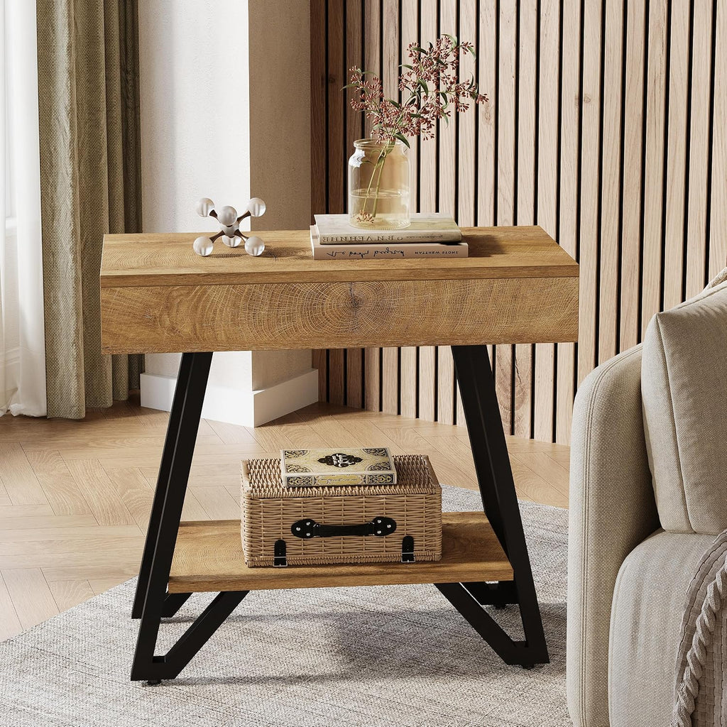 Tribesigns Metal End Side Table for Living Room, 2-Tier Narrow Couch Side Table with Storage Shelves, Small Bedside Nightstand for Bedroom, Small Spaces, Natural(Set of 2)