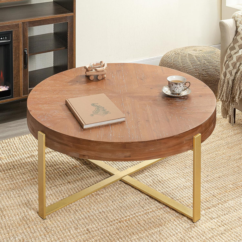 33.86' Round Coffee Table with X-Shaped Gold Metal Legs, Solid Wood Circle Table for Living Room, Retro Circular Table, Natural