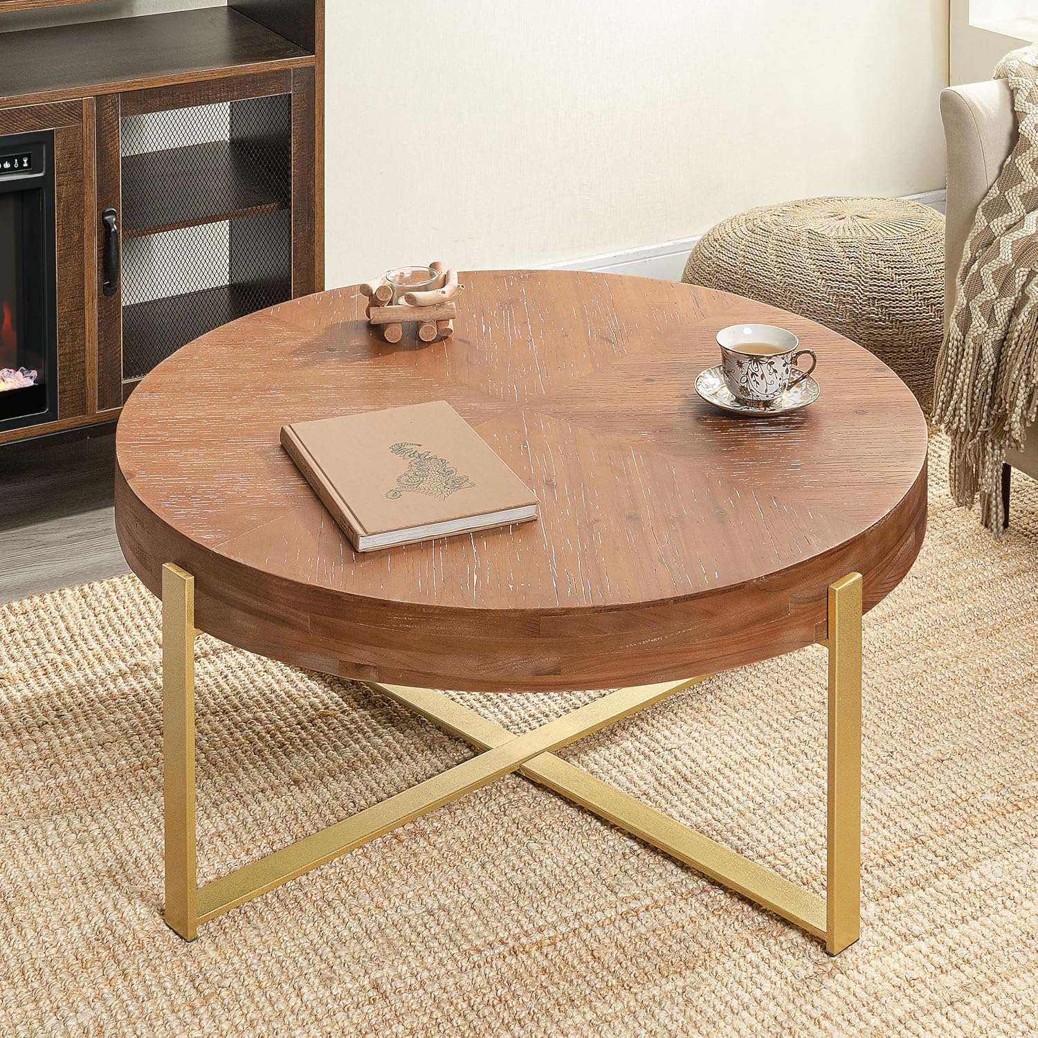 33.86' Round Coffee Table with X-Shaped Gold Metal Legs, Solid Wood Circle Table for Living Room, Retro Circular Table, Natural