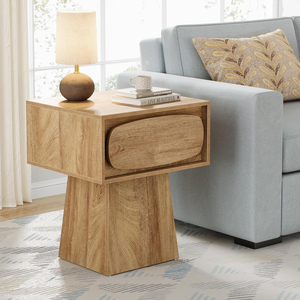 Tribesigns 2PCS End Table with Storage Drawer, Modern Wooden Side Table with Curved Handle, Small Nightstand for Living Room, Bedroom, Small Spaces (Natural Wood Color)