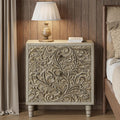 3 Drawer Farmhouse Dresser with Embossed Weathered Flower Motif, Vintage Nightstand for Bedroom, Almost Fully-Assembled, Boho, Weathered White