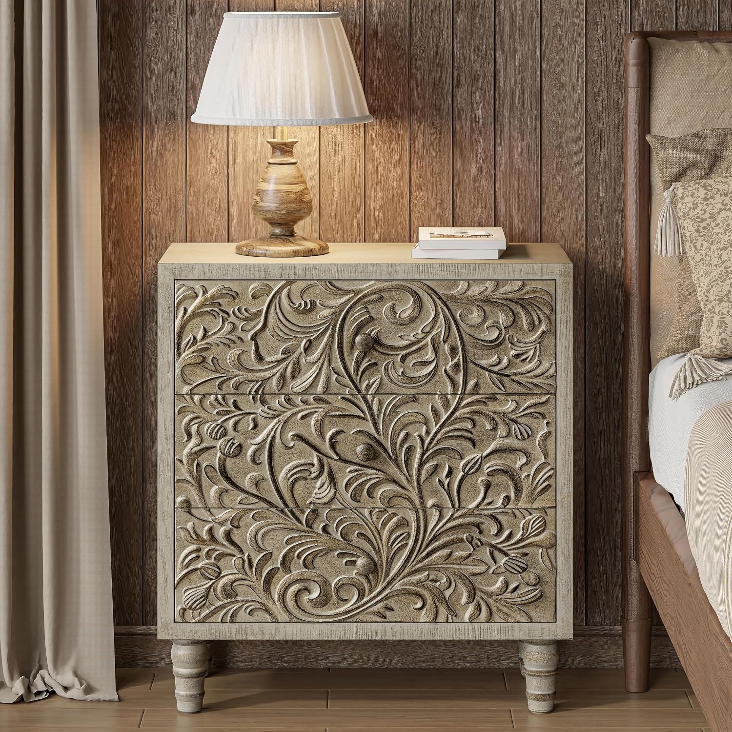 3 Drawer Farmhouse Dresser with Embossed Weathered Flower Motif, Vintage Nightstand for Bedroom, Almost Fully-Assembled, Boho, Weathered White