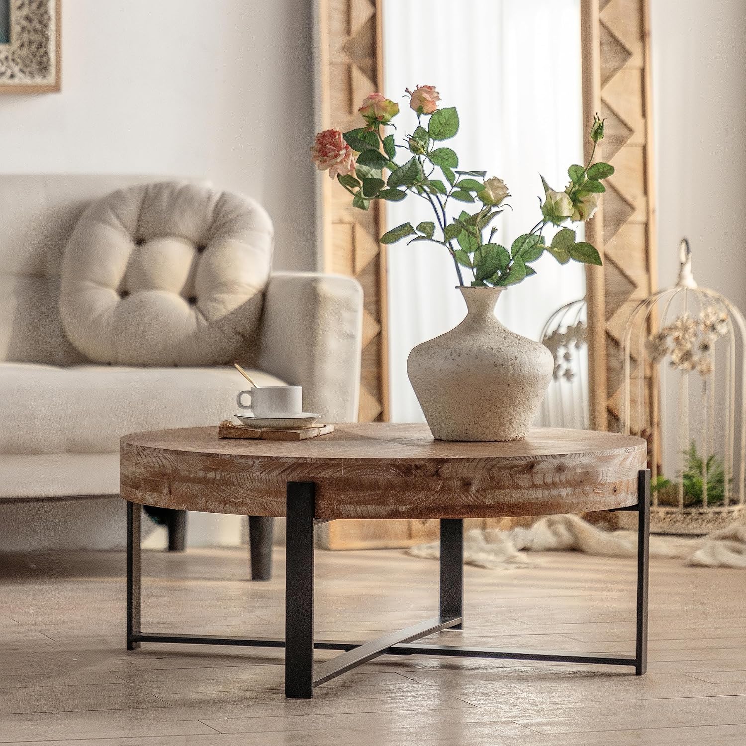 Wood Round Coffee Table, 31 Inch Farmhouse Rustic Fir Wooden Table Top Cross Metal Legs Circle Coffee Table for Living Room, Black