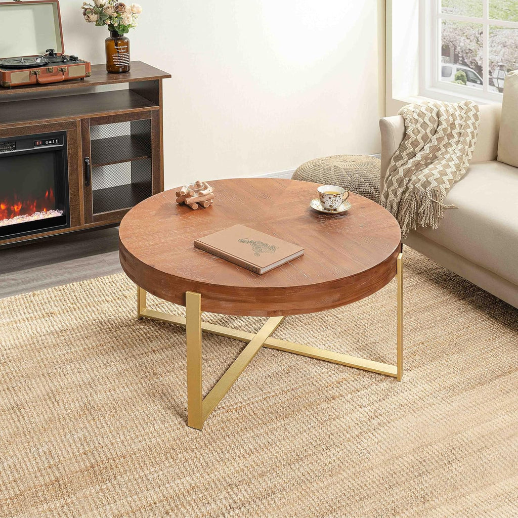 33.86' Round Coffee Table with X-Shaped Gold Metal Legs, Solid Wood Circle Table for Living Room, Retro Circular Table, Natural