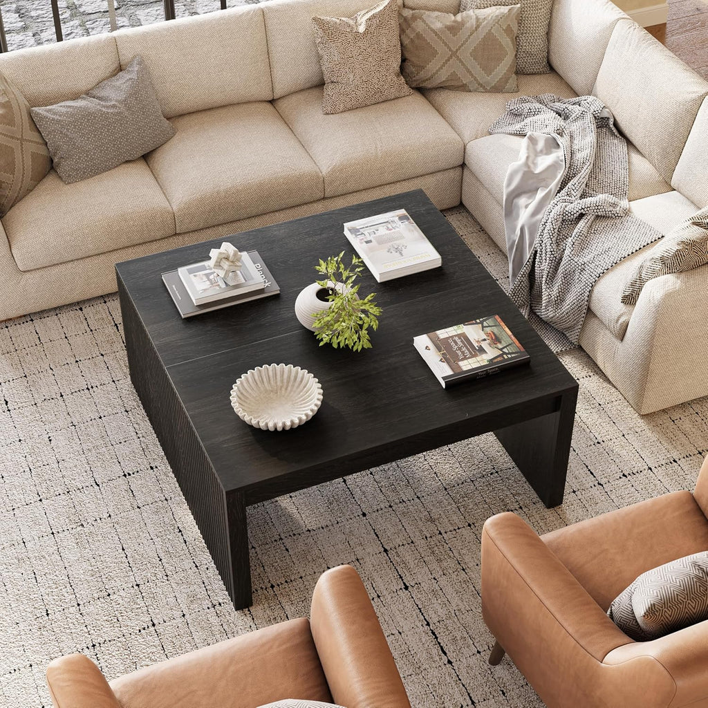 LITTLE TREE Square Coffee Table, 39.4-Inch Fluted Coffee Tables, Mid-Century Modern Center Cocktail Table for Living Room Bedroom, Easy Assembly, Black