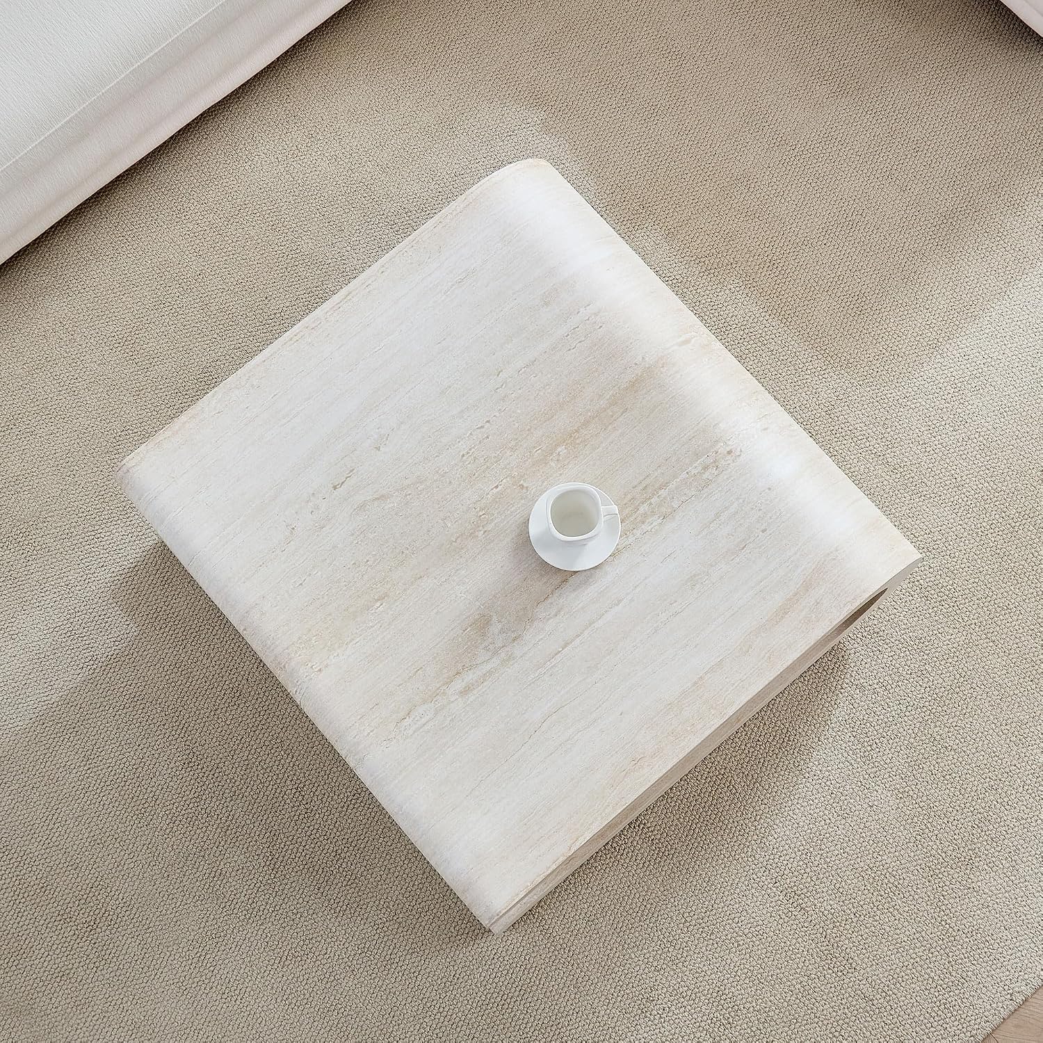Square Coffee Table 33.86' Faux Marble Pattern Wood Center Table with Layered Base for Living Romm Apartment, No Need Assembly