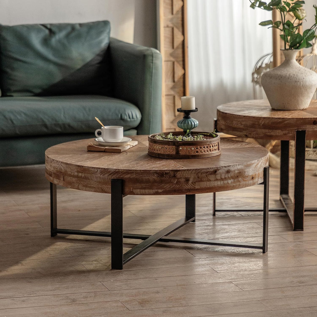 Wood Round Coffee Table, 31 Inch Farmhouse Rustic Fir Wooden Table Top Cross Metal Legs Circle Coffee Table for Living Room, Black